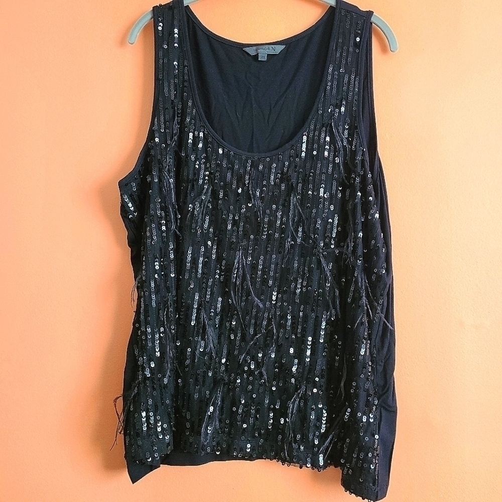 New Noir Black Sequin and Feather Tank Top 3X